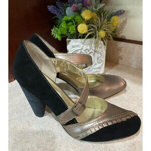 Seychelles Womens Black & Bronze Leather Upper Heels With Adjustable Strap Size